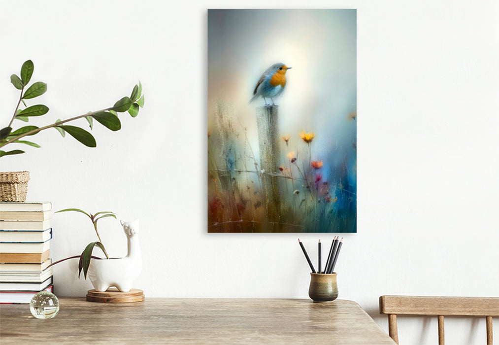 Premium Textil-Leinwand Das Rotkehlchen - als hätte der Morgen es geträumt