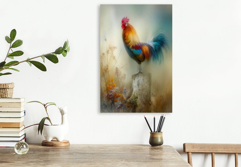 Premium Textil-Leinwand Der Hahn in prächtigen Farben - der Morgen lässt sich erahnen
