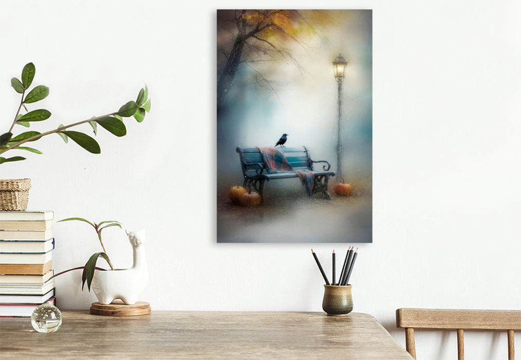 Premium Textil-Leinwand Krähe auf der Bank