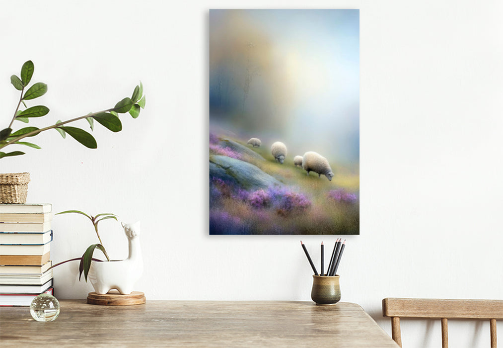 Premium Textil-Leinwand Schafe am Berghang - fast verschwunden, ganz präsent