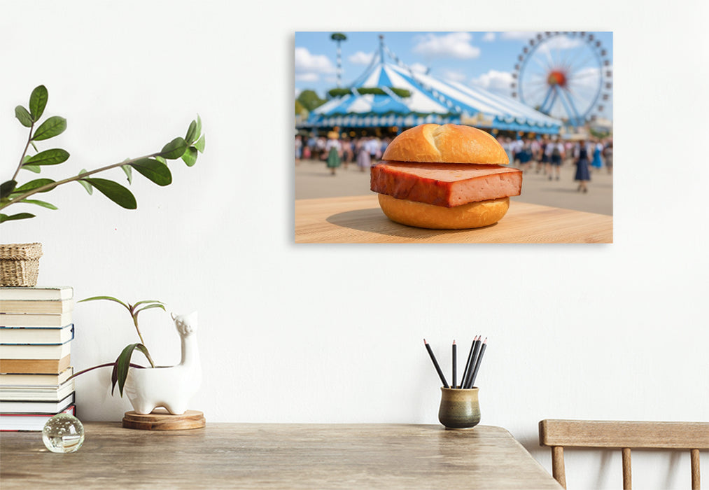 Premium Textil-Leinwand Volksfest in Bayern mit Leberkässemmel und Bier