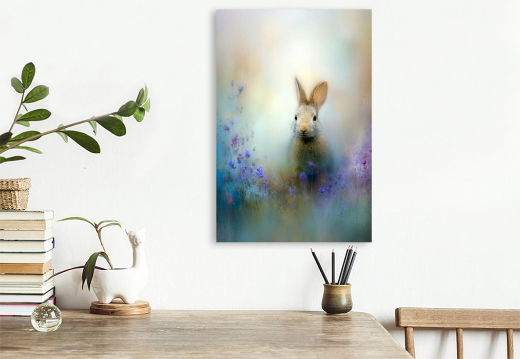 Premium Textil-Leinwand Der Hase zwischen Wildblumen - ein Flimmern zwischen Wind und Zeit