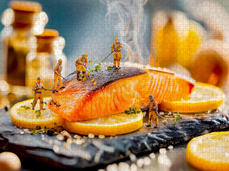 Miniatur Bauarbeiterin dekoriert gegrillten Lachs mit frischen Zitronenscheiben - CALVENDO Foto-Puzzle'