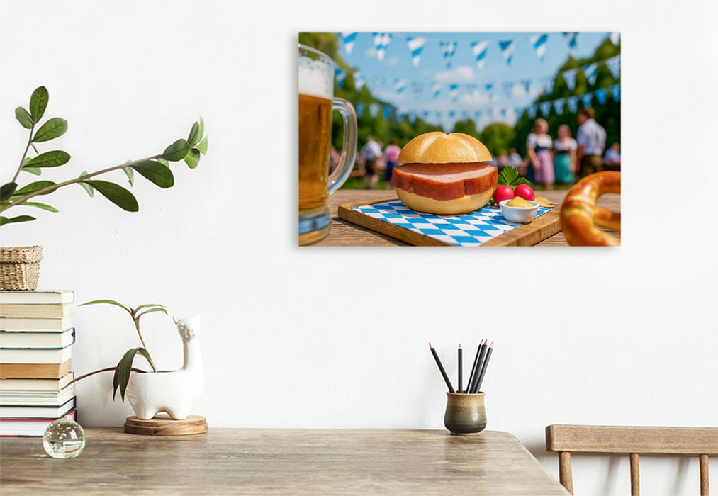 Premium Textil-Leinwand Leberkässemmel mit Brezn im Biergarten in Bayern