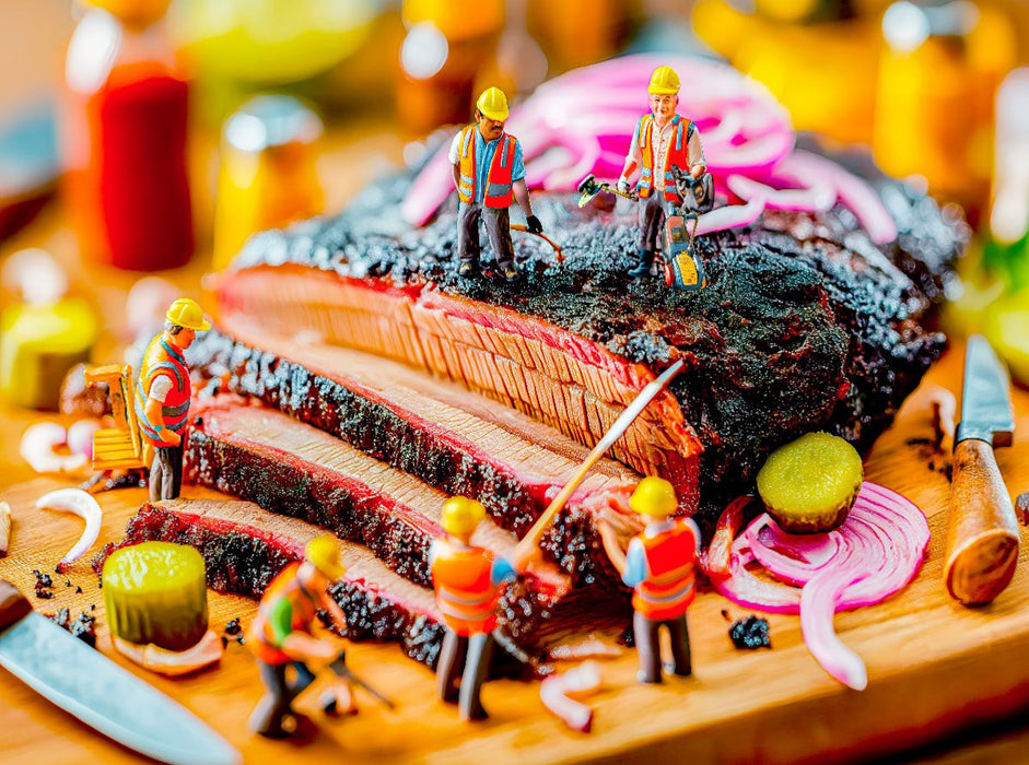 Bauarbeiter Miniaturen richten köstliches Thunfischsteak mit Zwiebelringen an - CALVENDO Foto-Puzzle'