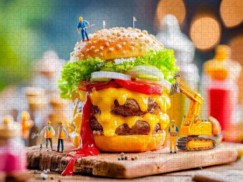 Miniatur Bauarbeiter mit Bagger servieren saftigen Burger am Grill - CALVENDO Foto-Puzzle'