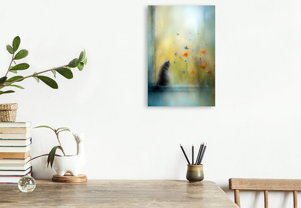 Premium Textil-Leinwand Die Katze auf der Fensterbank - kaum sichtbar, ganz da