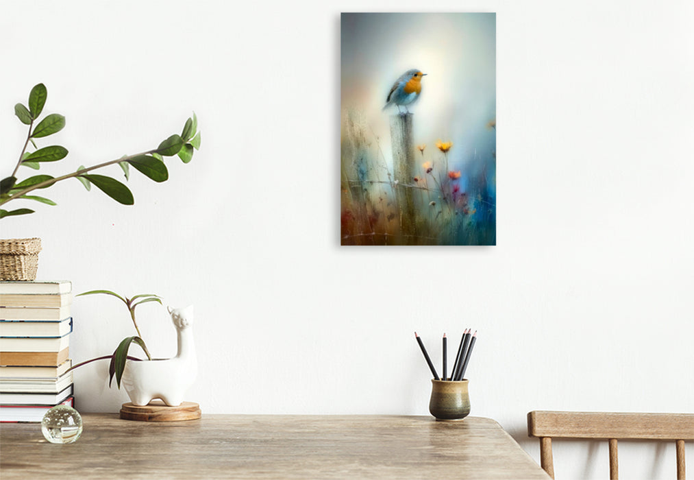 Premium Textil-Leinwand Das Rotkehlchen - als hätte der Morgen es geträumt