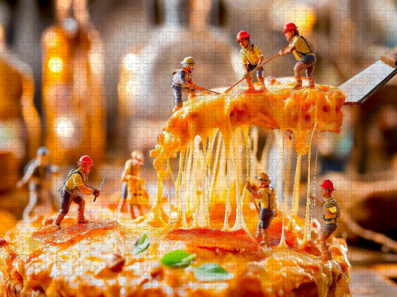 Miniatur Bauarbeiter transportieren Käsebelag von heißer Pizza ab - CALVENDO Foto-Puzzle'