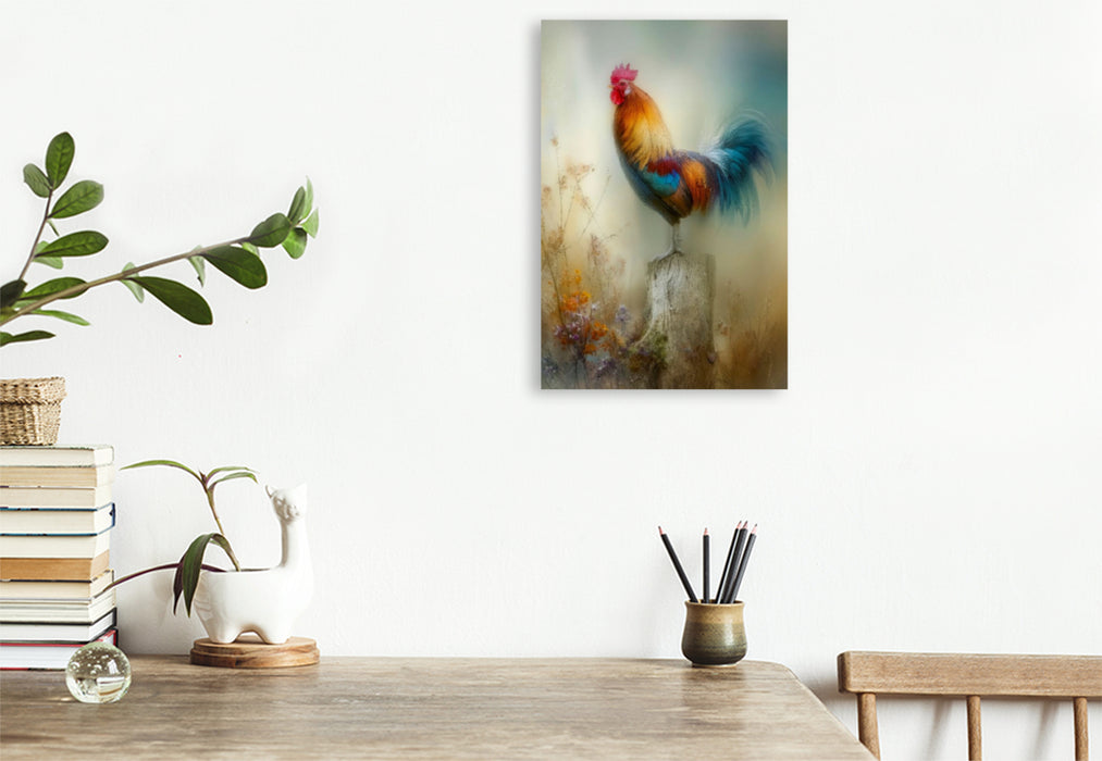 Premium Textil-Leinwand Der Hahn in prächtigen Farben - der Morgen lässt sich erahnen