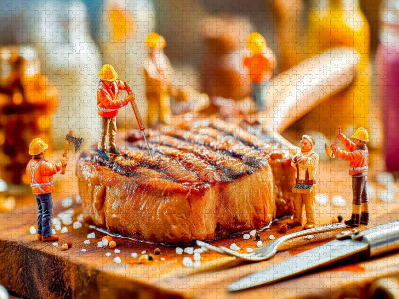 Miniatur Bauarbeiter prüfen Steak mit Thermometer neben glänzendem Besteck - CALVENDO Foto-Puzzle'