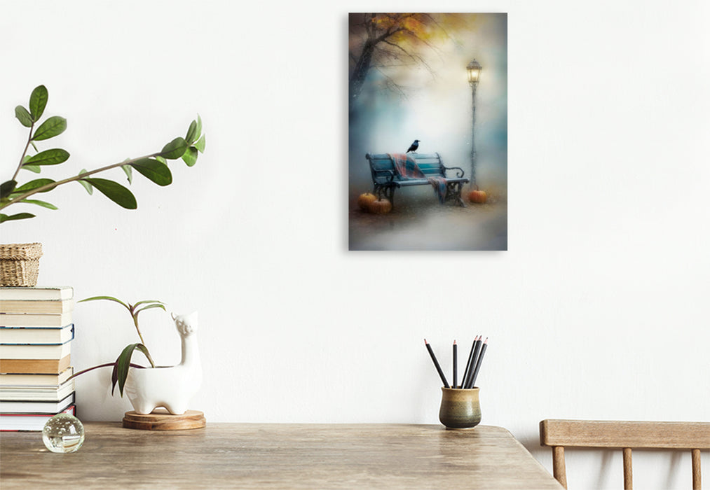 Premium Textil-Leinwand Krähe auf der Bank