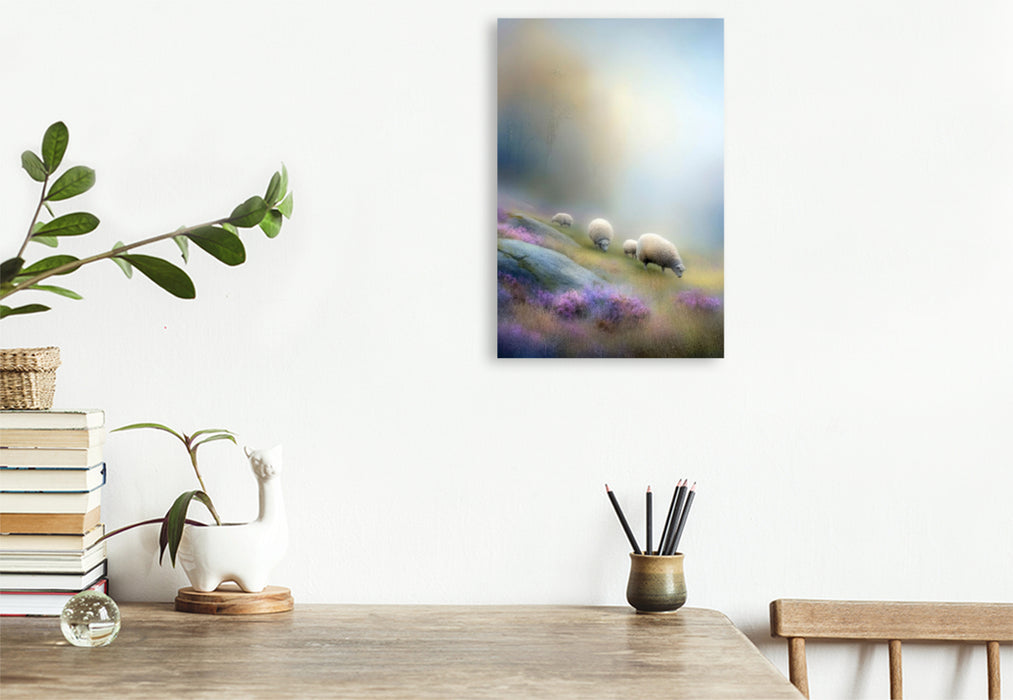 Premium Textil-Leinwand Schafe am Berghang - fast verschwunden, ganz präsent