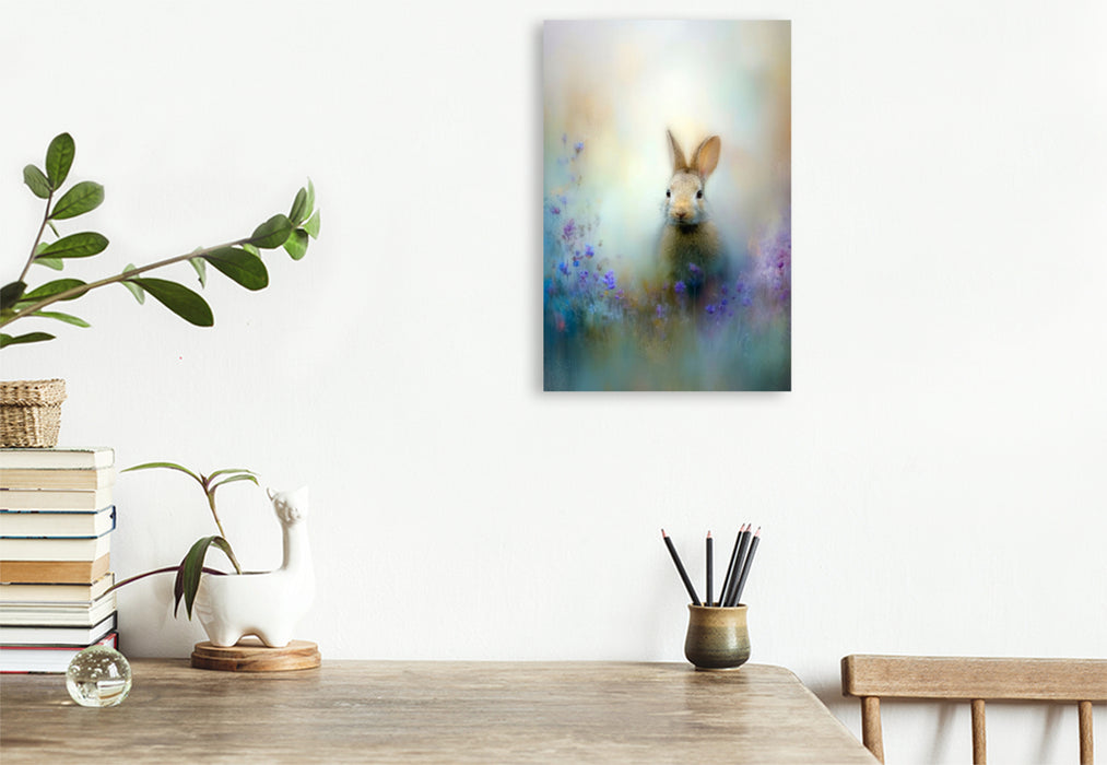 Premium Textil-Leinwand Der Hase zwischen Wildblumen - ein Flimmern zwischen Wind und Zeit
