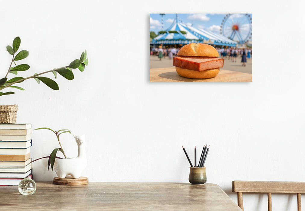 Premium Textil-Leinwand Volksfest in Bayern mit Leberkässemmel und Bier