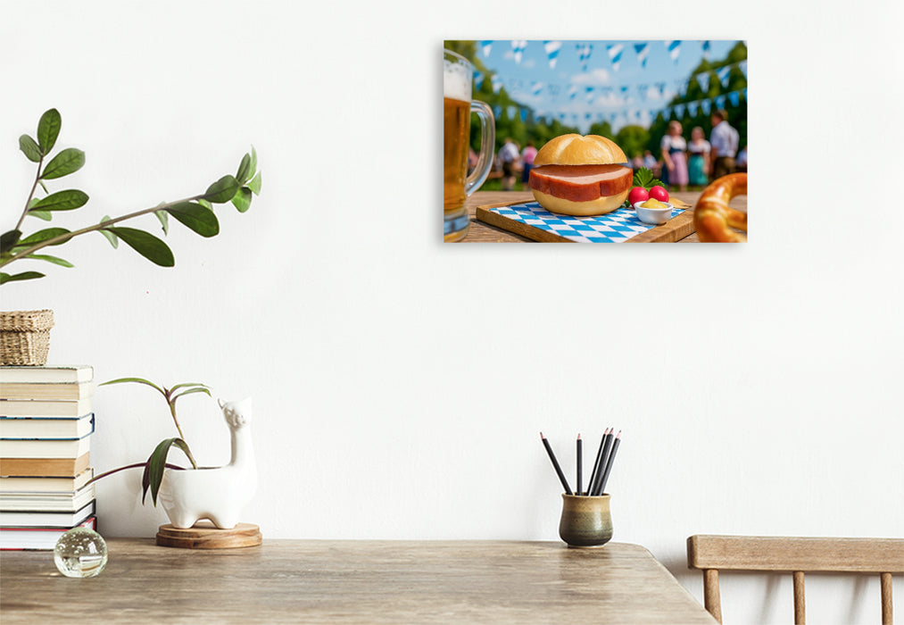 Premium Textil-Leinwand Leberkässemmel mit Brezn im Biergarten in Bayern