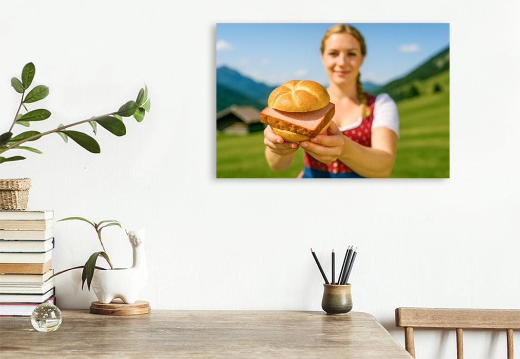 Premium Textil-Leinwand Frau im Dirndl mit frischer Leberkässemmel