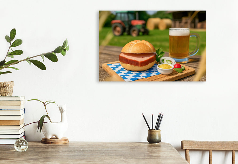 Premium Textil-Leinwand Leberkässemmel mit Bier und Senf auf bayerischem Holztisch