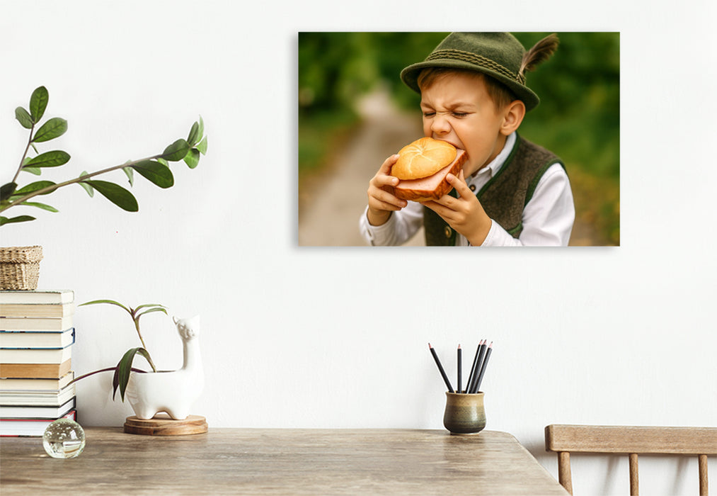 Premium Textil-Leinwand Kind in Tracht beißt in eine Leberkässemmel