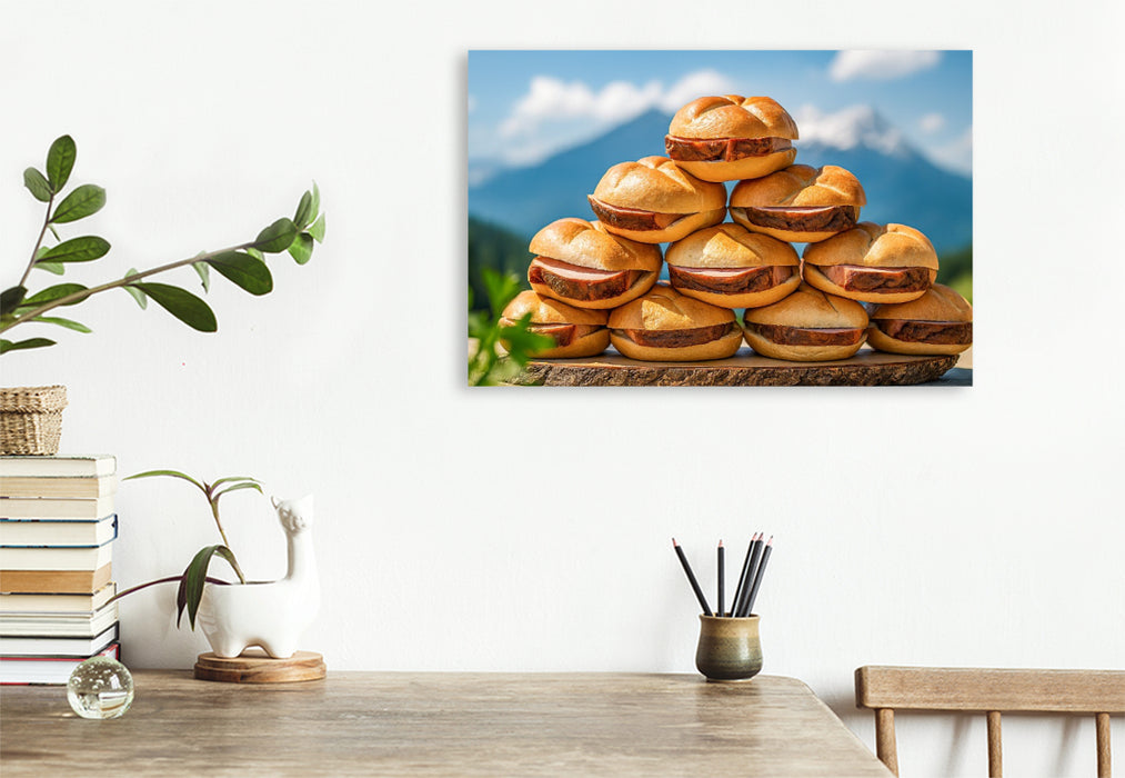 Premium Textil-Leinwand Bayerische Leberkässemmeln vor Alpenpanorama