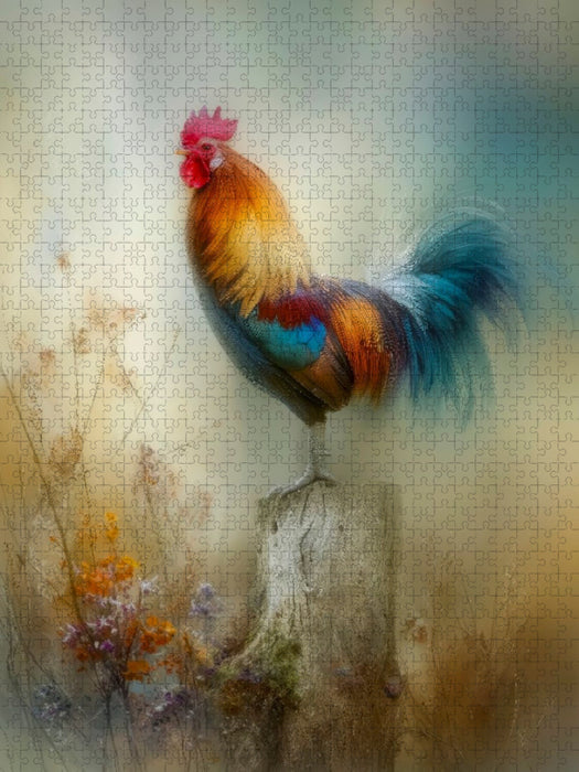 Der Hahn in prächtigen Farben - der Morgen lässt sich erahnen - CALVENDO Foto-Puzzle'