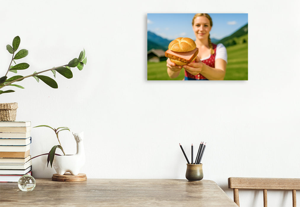 Premium Textil-Leinwand Frau im Dirndl mit frischer Leberkässemmel
