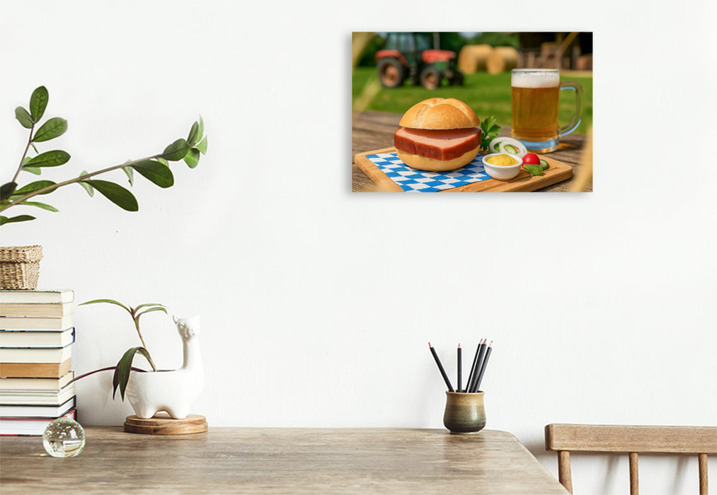 Premium Textil-Leinwand Leberkässemmel mit Bier und Senf auf bayerischem Holztisch