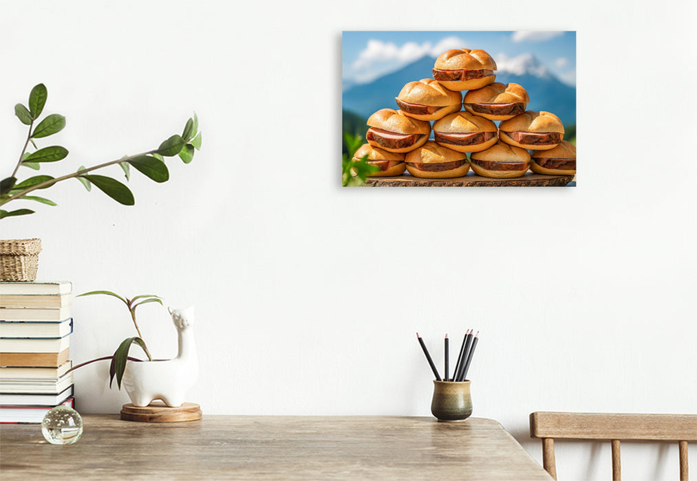 Premium Textil-Leinwand Bayerische Leberkässemmeln vor Alpenpanorama