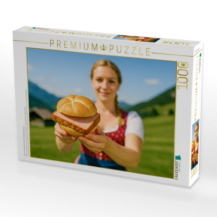Frau im Dirndl mit frischer Leberkässemmel - CALVENDO Foto-Puzzle'