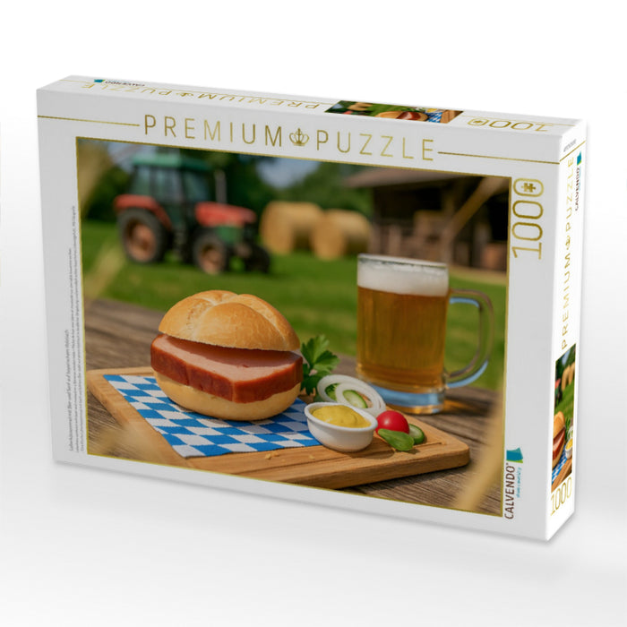 Leberkässemmel mit Bier und Senf auf bayerischem Holztisch - CALVENDO Foto-Puzzle'
