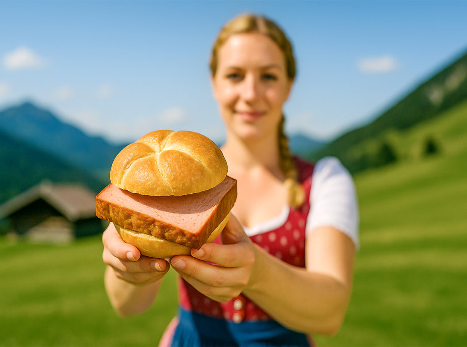 Frau im Dirndl mit frischer Leberkässemmel - CALVENDO Foto-Puzzle'
