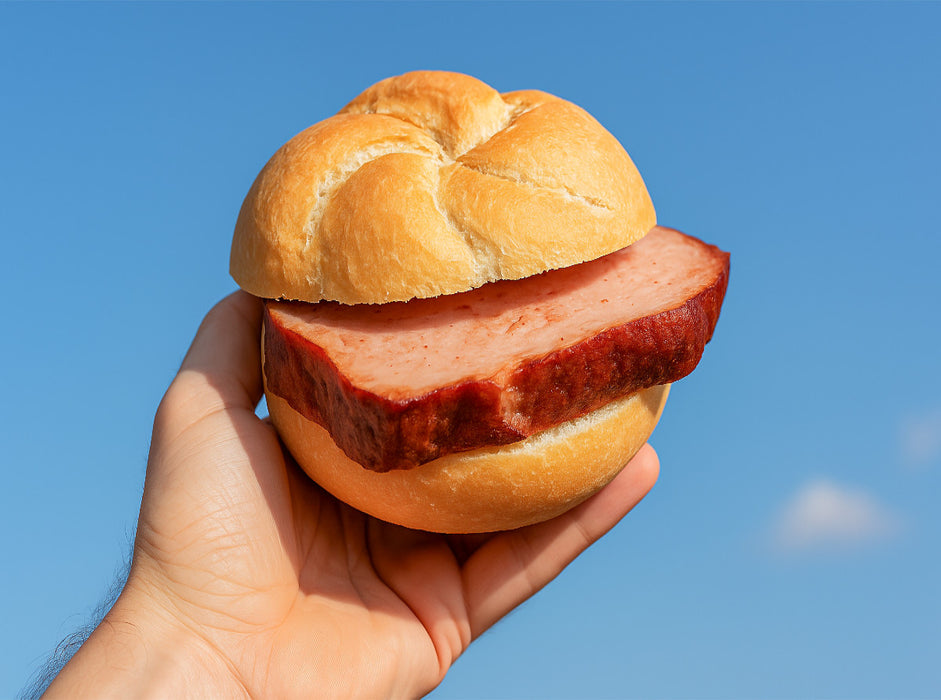 Hand hält Leberkässemmel vor blauem Himmel - CALVENDO Foto-Puzzle'