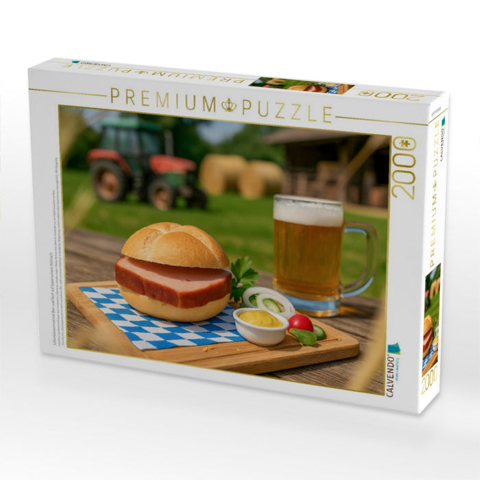 Leberkässemmel mit Bier und Senf auf bayerischem Holztisch - CALVENDO Foto-Puzzle'