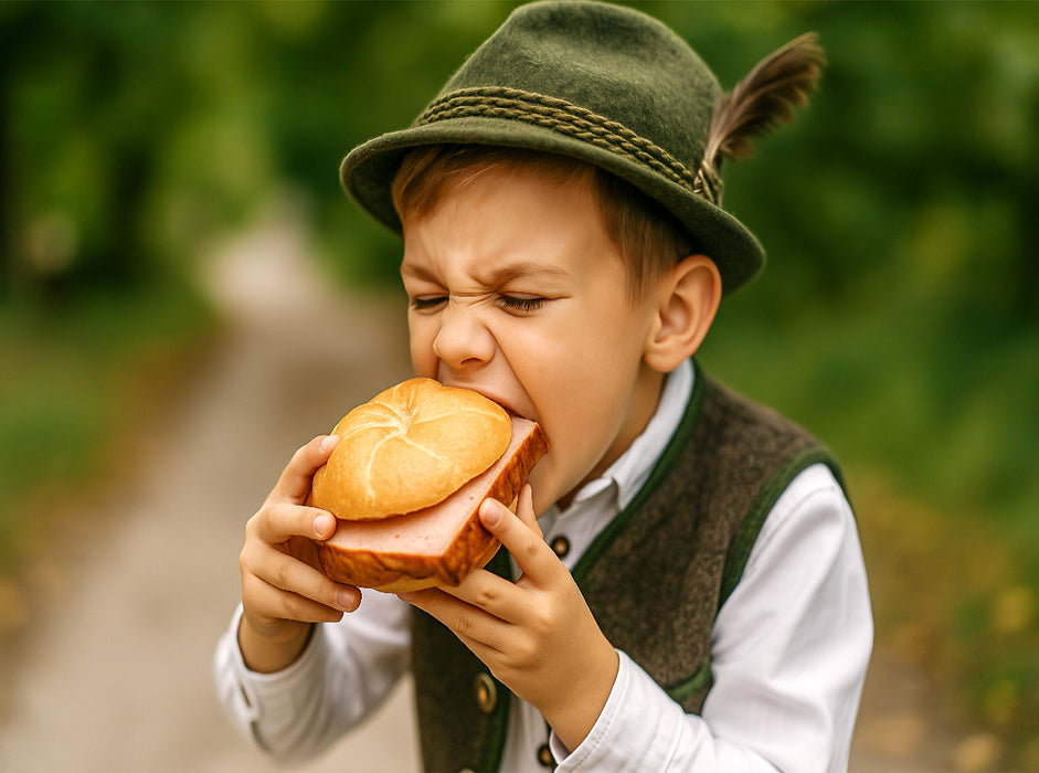 Kind in Tracht beißt in eine Leberkässemmel - CALVENDO Foto-Puzzle'