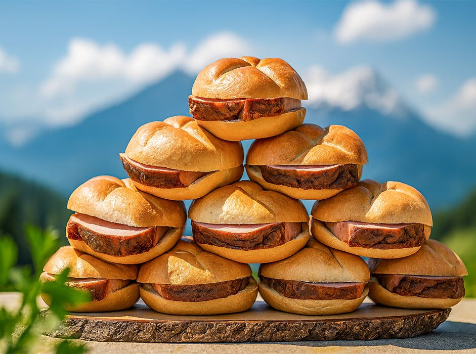 Bayerische Leberkässemmeln vor Alpenpanorama - CALVENDO Foto-Puzzle'