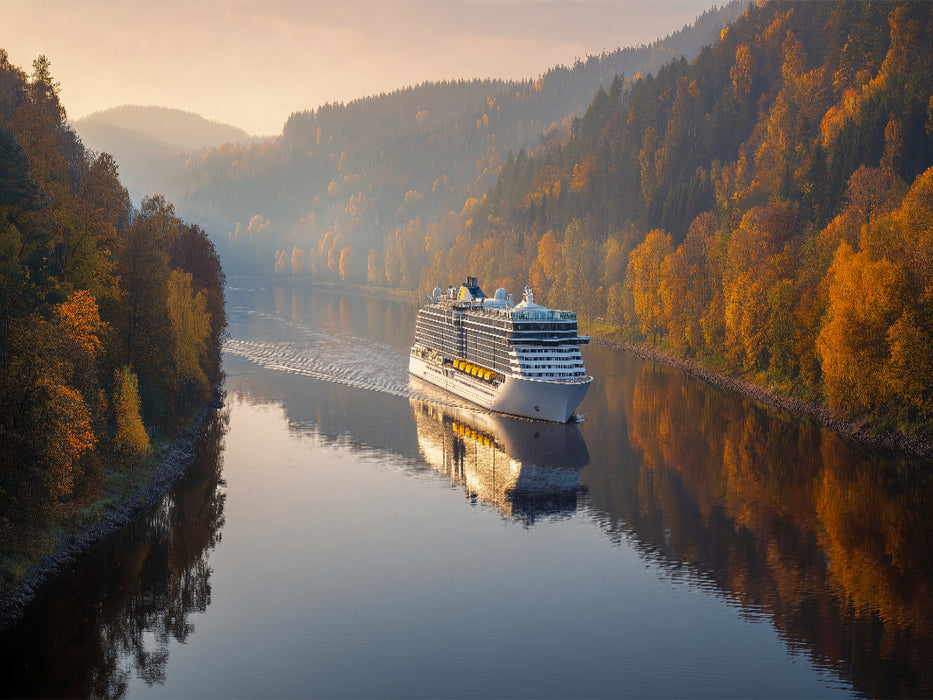 Ein Kreuzfahrtschiff fährt durch herbstliche Flusslandschaft - CALVENDO Foto-Puzzle'