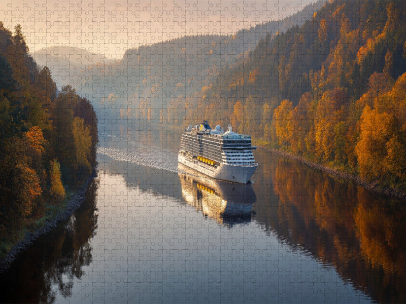 Ein Kreuzfahrtschiff fährt durch herbstliche Flusslandschaft - CALVENDO Foto-Puzzle'