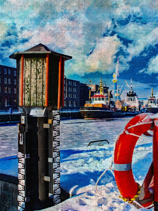 Hafenschlepper im verschneiten Wismarer Alten Hafen - CALVENDO Foto-Puzzle'