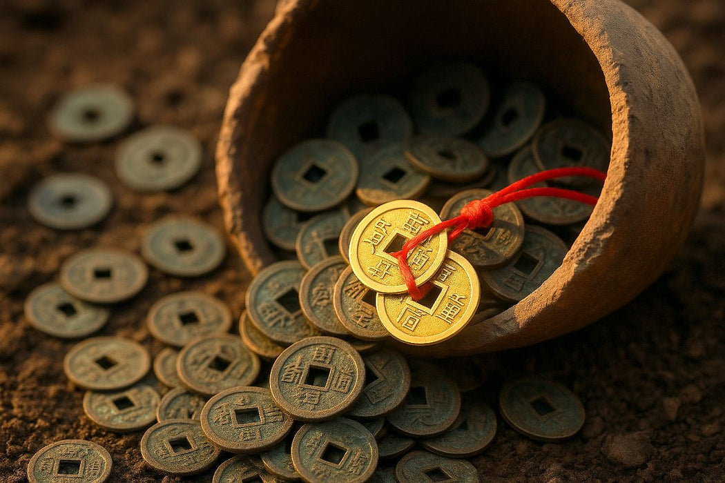 Premium Textil-Leinwand Münzen am roten Band – Wohlstand und stetiger Geldfluss