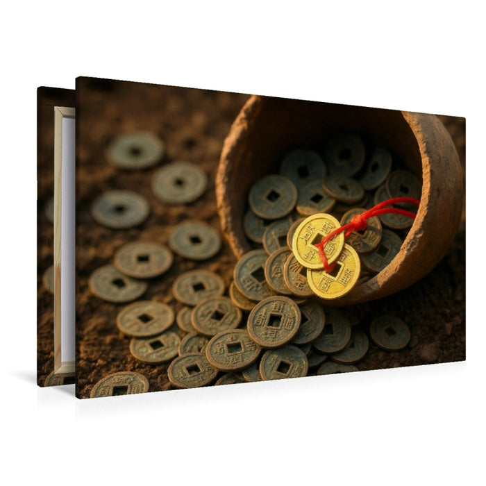 Premium Textil-Leinwand Münzen am roten Band – Wohlstand und stetiger Geldfluss