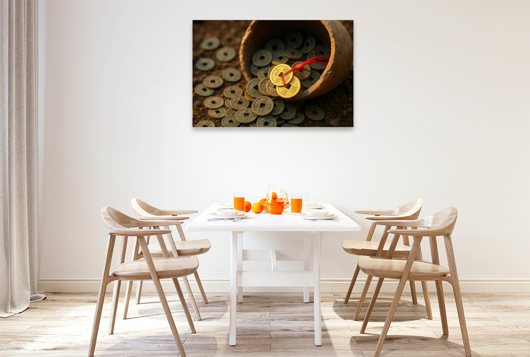 Premium Textil-Leinwand Münzen am roten Band – Wohlstand und stetiger Geldfluss