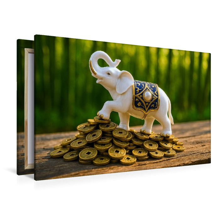 Premium Textil-Leinwand Elefant mit Münzen – Weisheit, Stärke und Glück im Haus