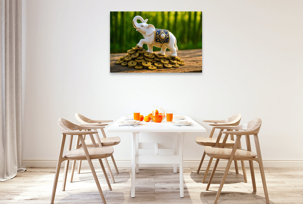 Premium Textil-Leinwand Elefant mit Münzen – Weisheit, Stärke und Glück im Haus