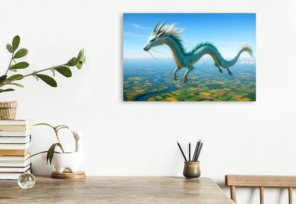 Premium Textil-Leinwand Der fliegende Drache – Kraft, Erfolg und Schutzenergie