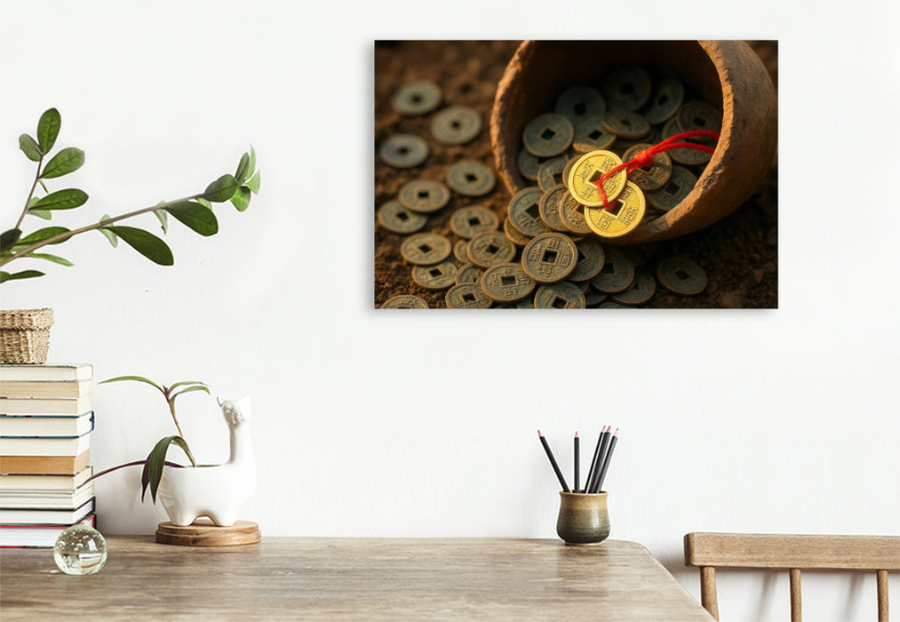 Premium Textil-Leinwand Münzen am roten Band – Wohlstand und stetiger Geldfluss
