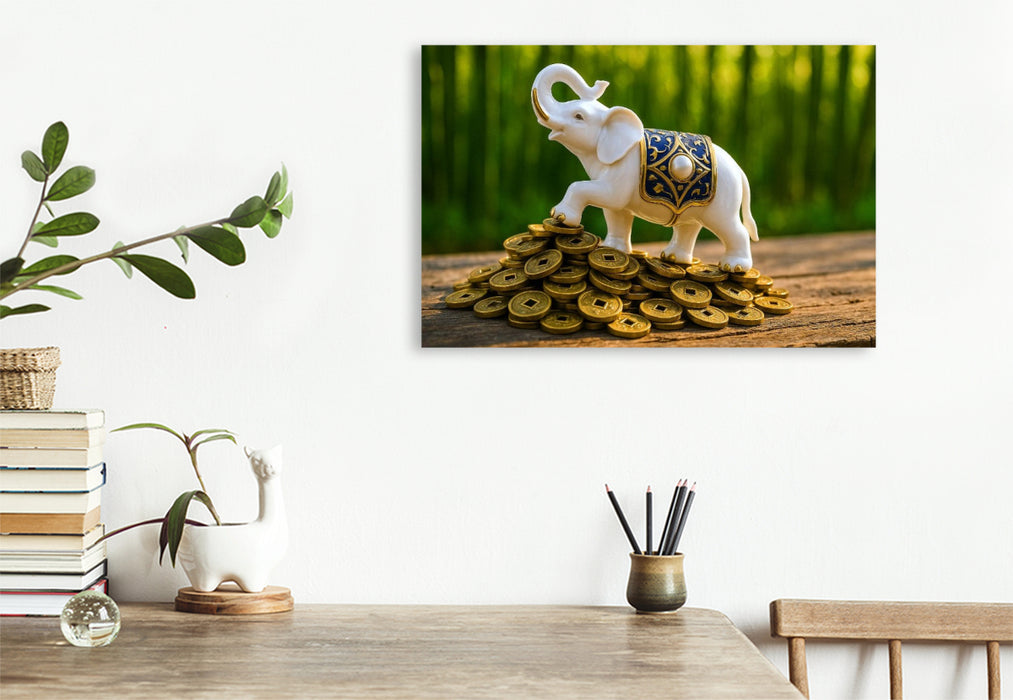 Premium Textil-Leinwand Elefant mit Münzen – Weisheit, Stärke und Glück im Haus