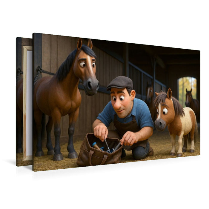 Premium Textil-Leinwand Helfer beim Hufschmied