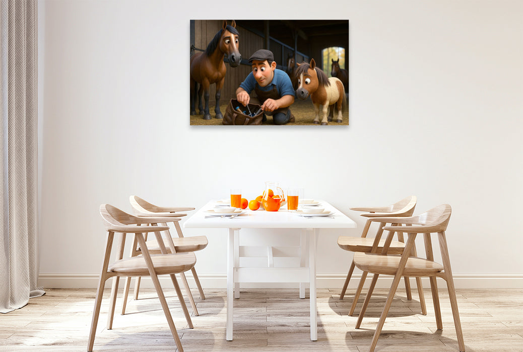 Premium Textil-Leinwand Helfer beim Hufschmied