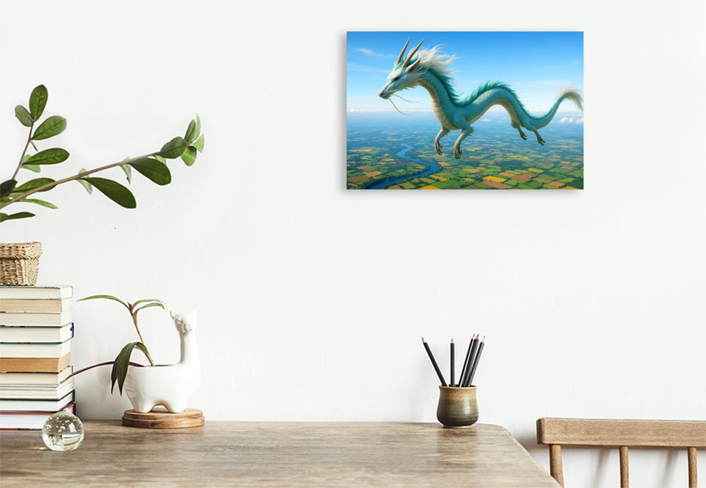 Premium Textil-Leinwand Der fliegende Drache – Kraft, Erfolg und Schutzenergie