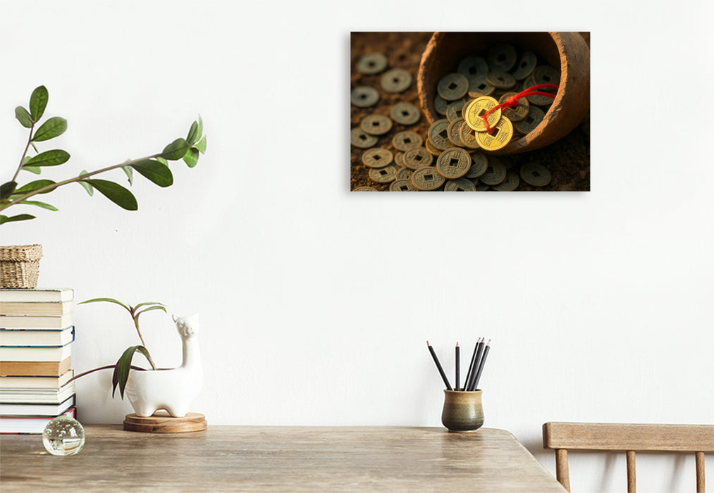 Premium Textil-Leinwand Münzen am roten Band – Wohlstand und stetiger Geldfluss